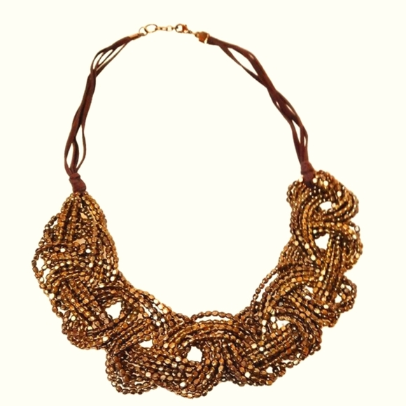 Chunky Brass Brutalist Braided Seed Bead Primitive Necklace Collar Choker Boho - Picture 2 of 12